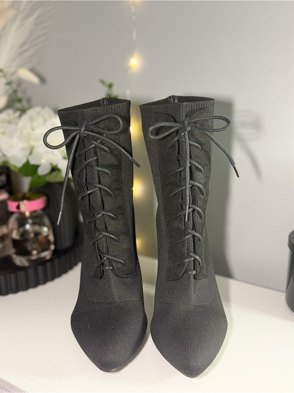 Women's Black Lace-Up Stretch Sock Boot